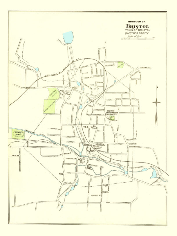 Hand colored map of Bristol, Connecticut from 1893 - CT Restored