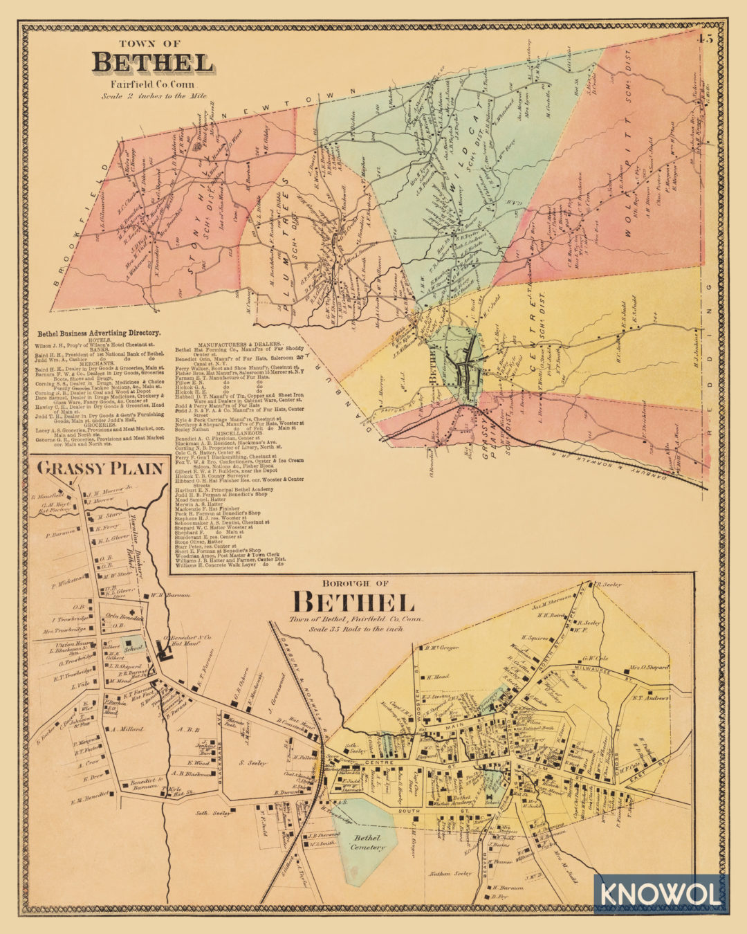 Beautifully restored map of Bethel, Connecticut from 1867 CT Restored