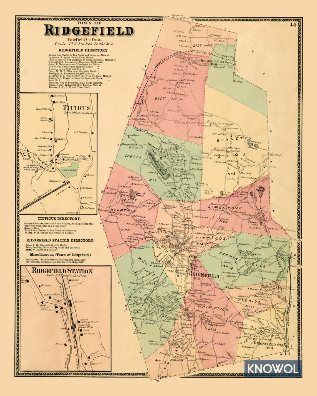 Historic landowners map of Ridgefield, CT from 1867 CT Restored